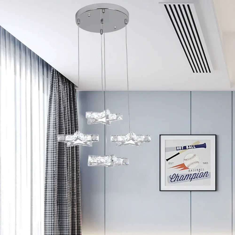 Modern chrome-finished stars led pendant with four clear faceted crystal stars for elegant dining room decorbites lighting