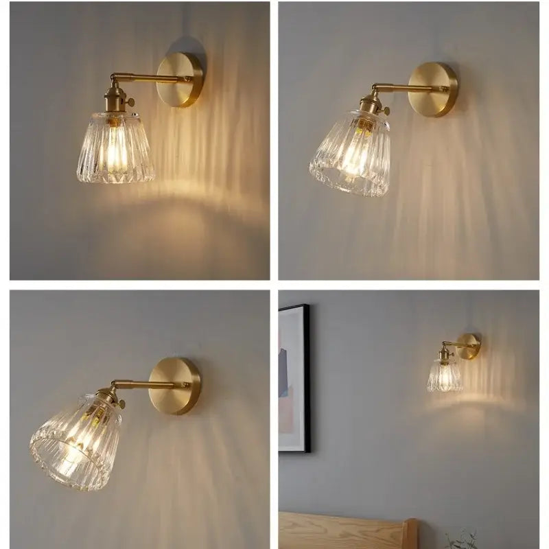 Brass-finished modern faceted glass copper wall light with clear shade ideal for bedroom sconce copper wall lights