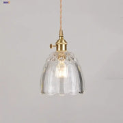 Modern faceted glass knob led pendant lamp with clear faceted glass, brass fixture, and twisted beige cord for living room decorbites
