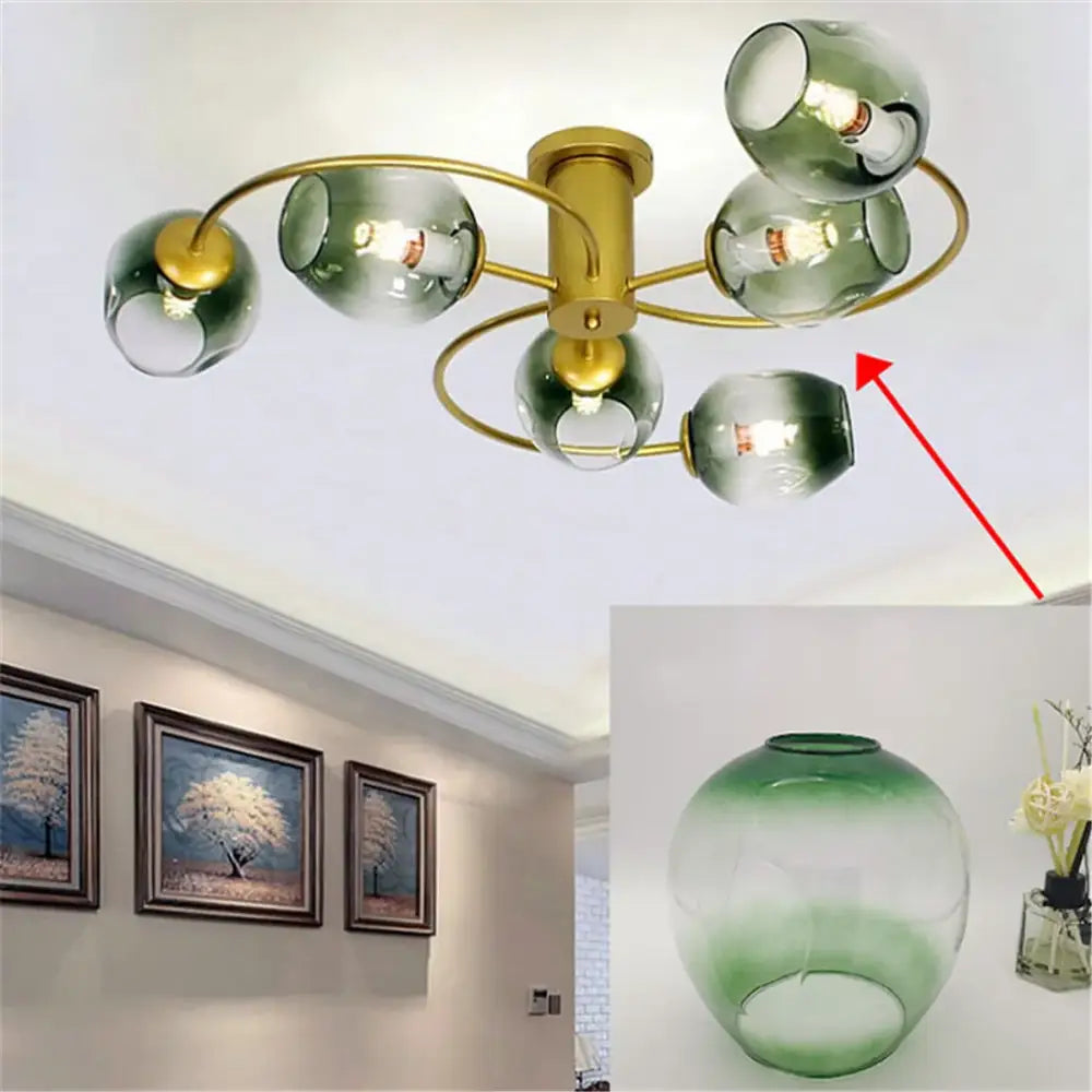 Modern brass-finished ceiling light fixture with five translucent green glass shade replacement for living room use