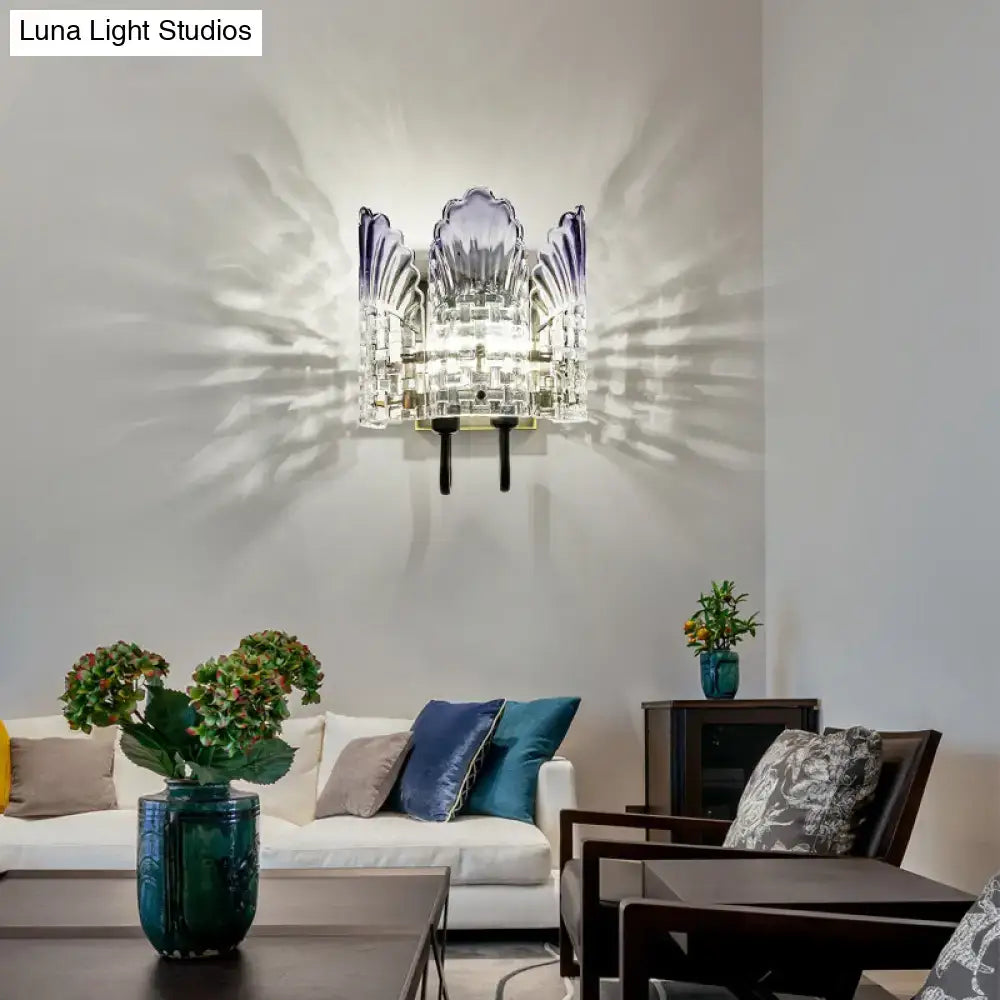 Modern fan clear crystal wall lamps with layered clear and purple glass design for living room 110v-120v lighting fixture