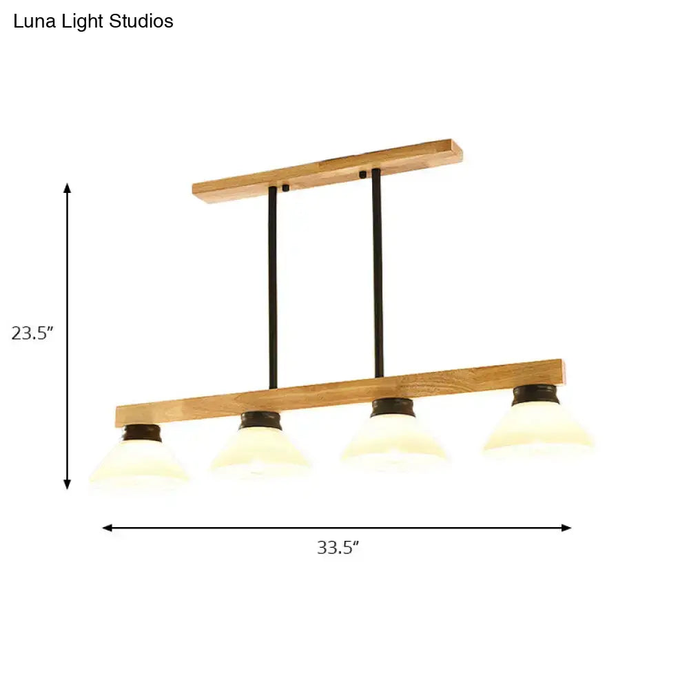 Modern farmhouse ceiling lights product featuring a wooden cone shade and black metal linear pendant light for kitchen island