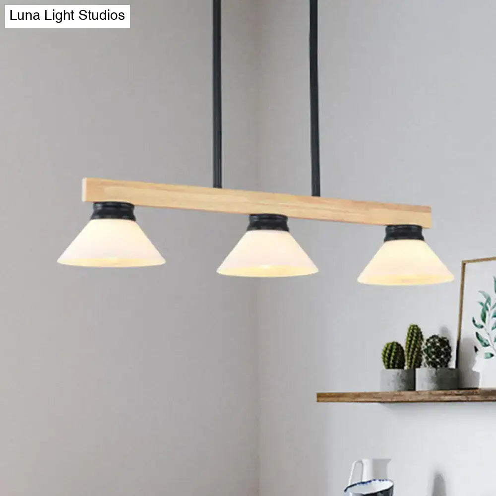 Modern farmhouse-style ceiling lights product with natural wood beam, black metal hardware, and wooden cone shade linear pendant light