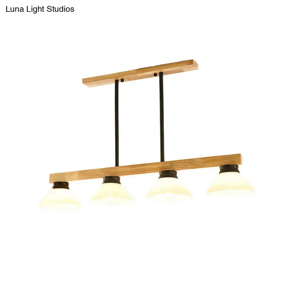Modern farmhouse style linear pendant light with natural wood frame black metal rods and wooden cone shade frosted glass