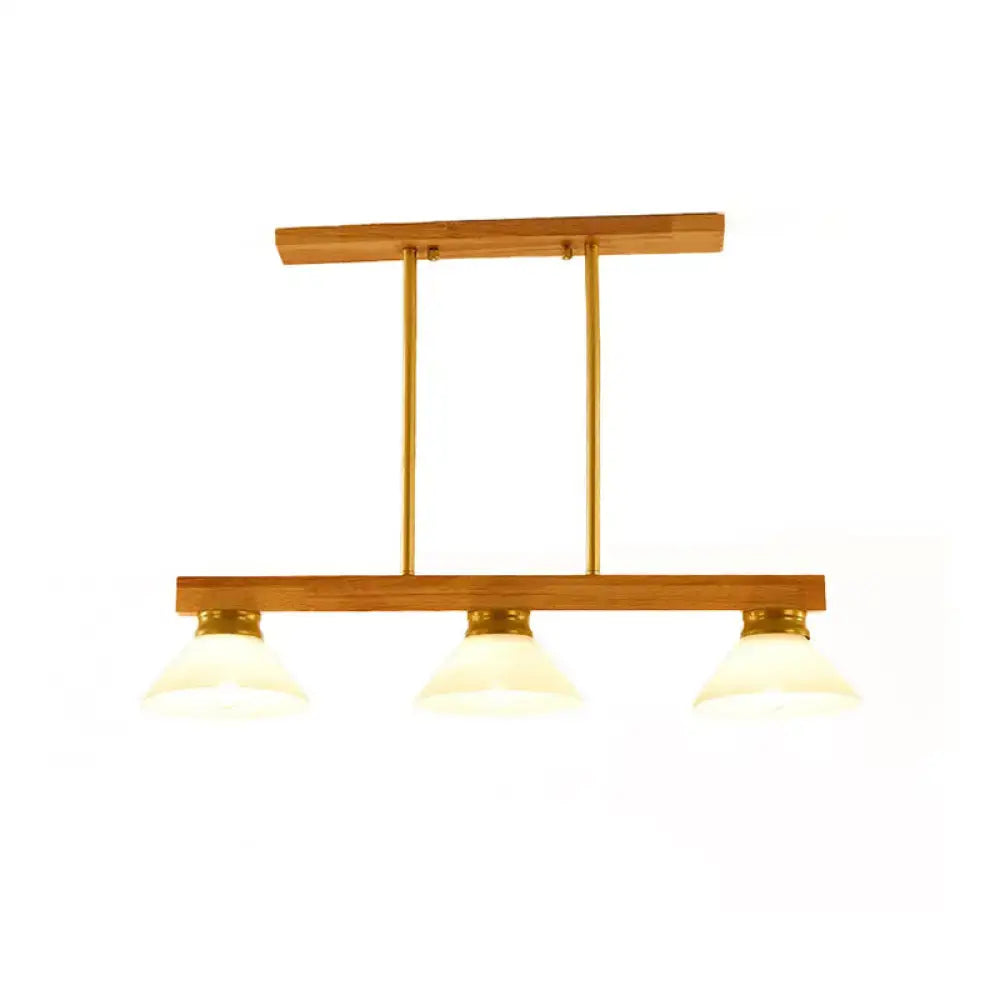 Modern wooden and brass three-light linear pendant light with frosted glass wooden cone shade for kitchen island ceiling lights product