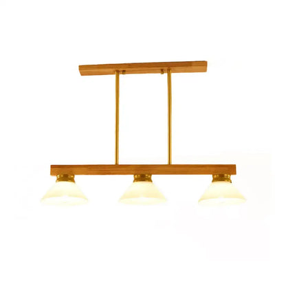 Modern wooden and brass three-light linear pendant light with frosted glass wooden cone shade for kitchen island ceiling lights product