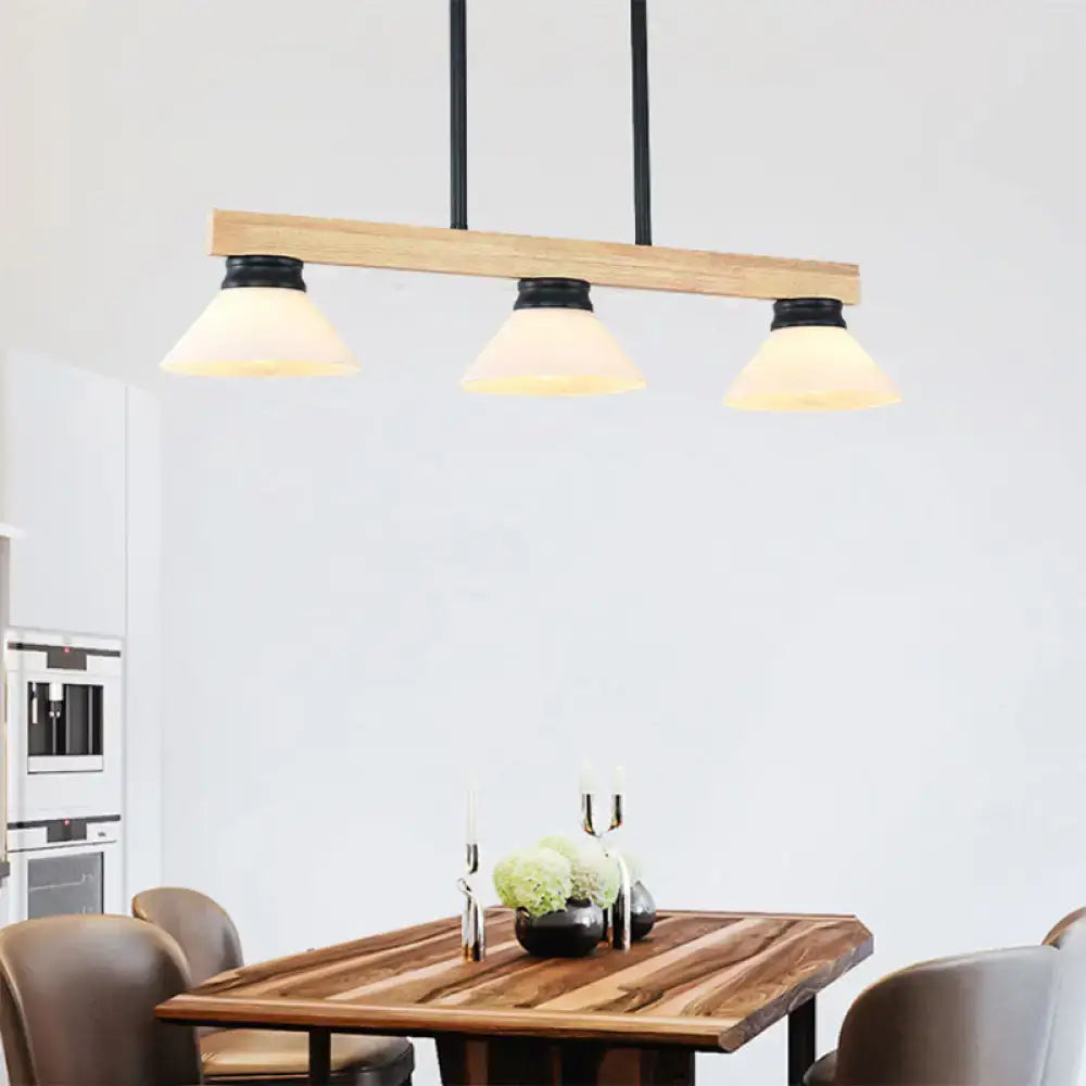 Decorbites modern farmhouse ceiling lights product with natural wood beam black metal rods and three frosted wooden cone shades