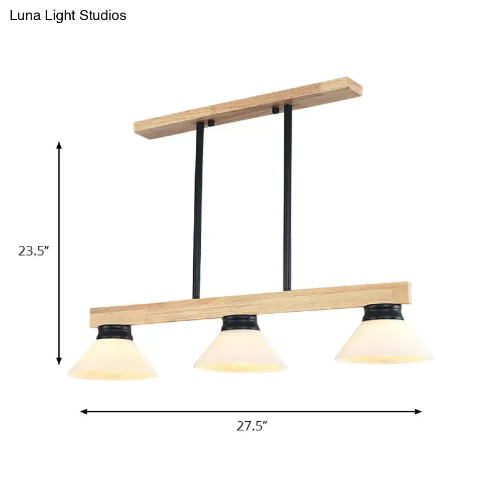DecorBites™ nordic style linear pendant light with wooden cone shade, natural wood frame, and frosted glass shades