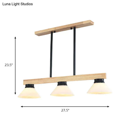 DecorBites™ nordic style linear pendant light with wooden cone shade, natural wood frame, and frosted glass shades