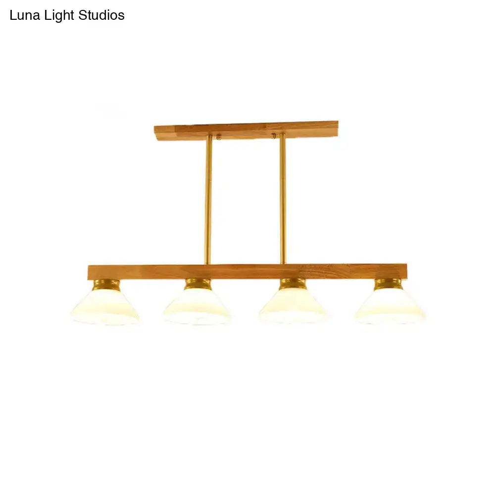 Modern wooden and brass ceiling lights product with four frosted glass shades wooden cone shade linear pendant light for kitchen island