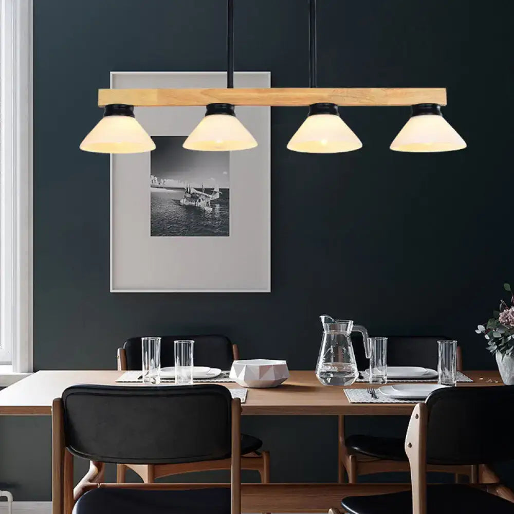 Modern DecorBites™ wooden cone shade linear pendant light with four warm glass shades and black metal fixtures for kitchen island ceiling lights product