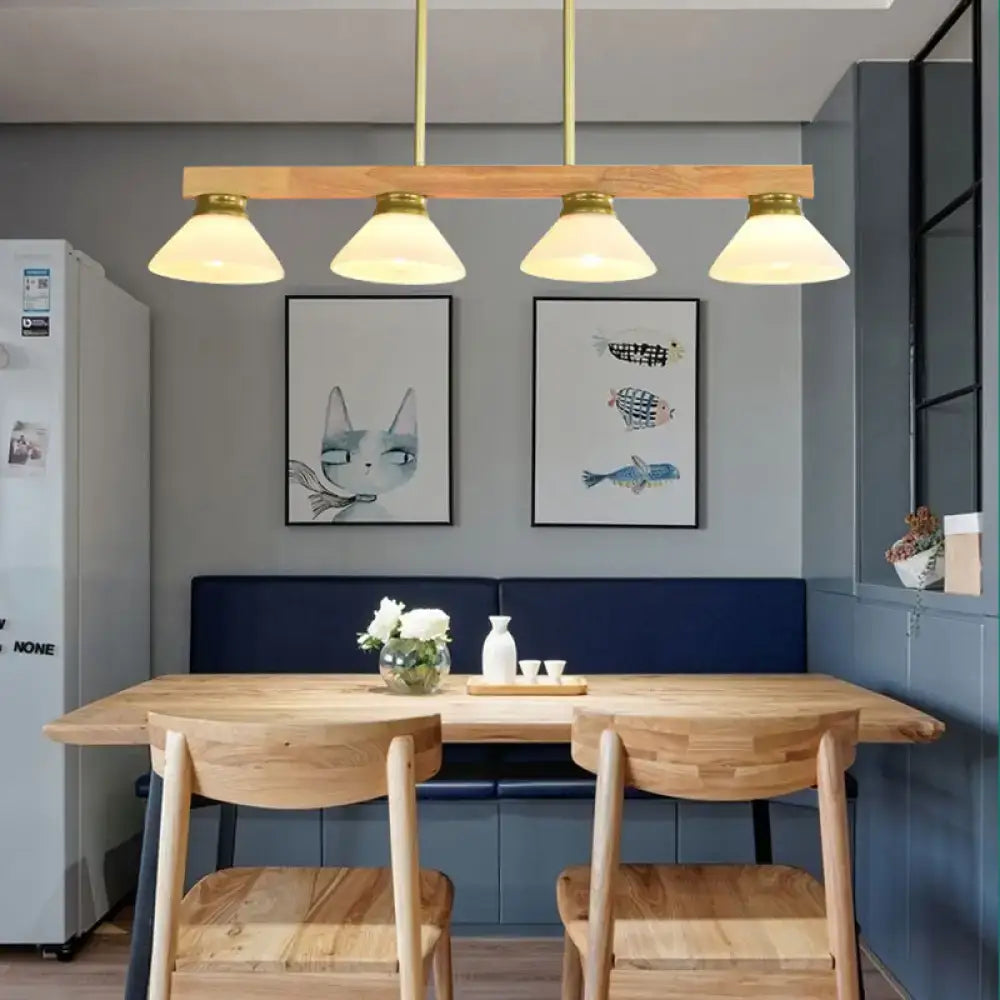 DecorBites™ nordic style wooden cone shade linear pendant light with four frosted glass shades and brass accents for kitchens