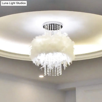 DecorBites™ DecorBites™ Modern Feather Drum Semi Flush Chandelier with Crystal Chain and 4 Bulbs for Bedroom Ceiling in Chrome