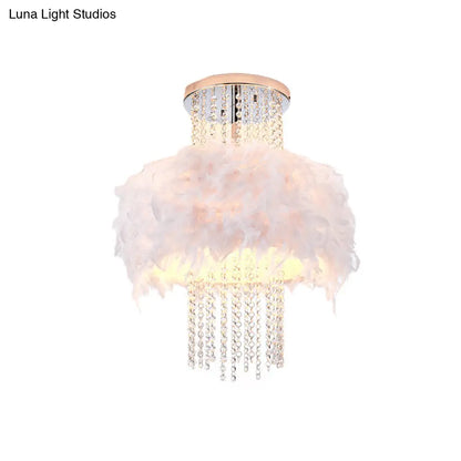 DecorBites™ DecorBites™ Modern Feather Drum Semi Flush Chandelier with Crystal Chain and 4 Bulbs for Bedroom Ceiling in Chrome