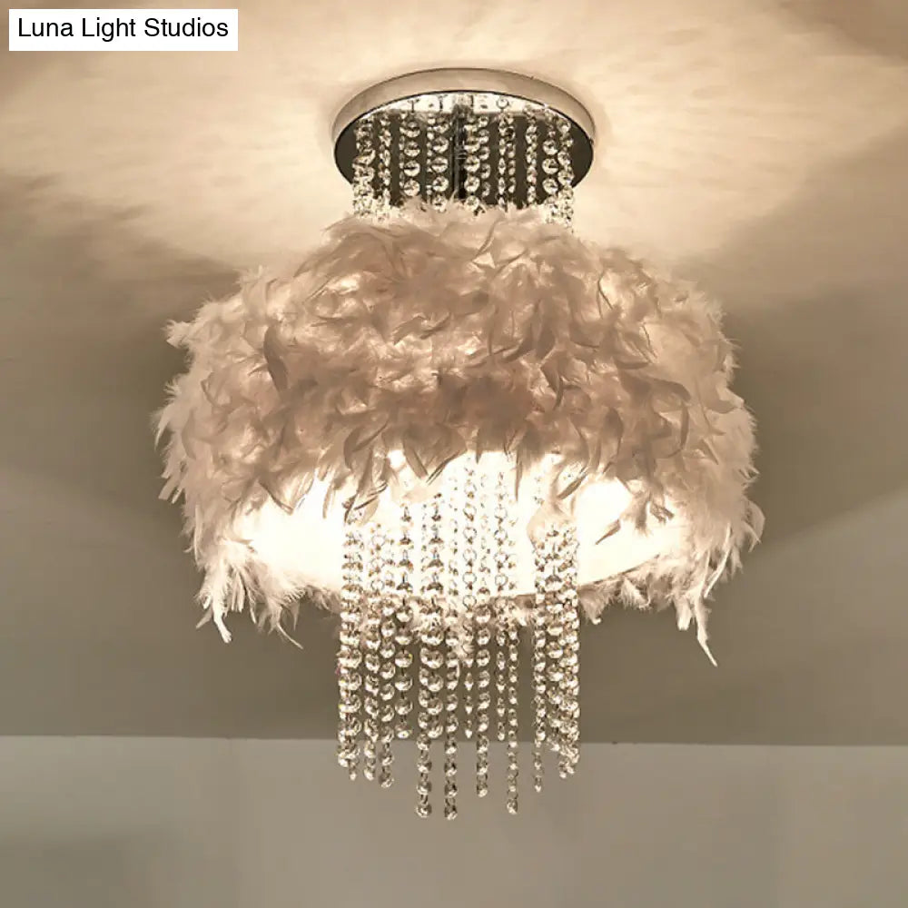 DecorBites™ DecorBites™ Modern Feather Drum Semi Flush Chandelier with Crystal Chain and 4 Bulbs for Bedroom Ceiling in Chrome