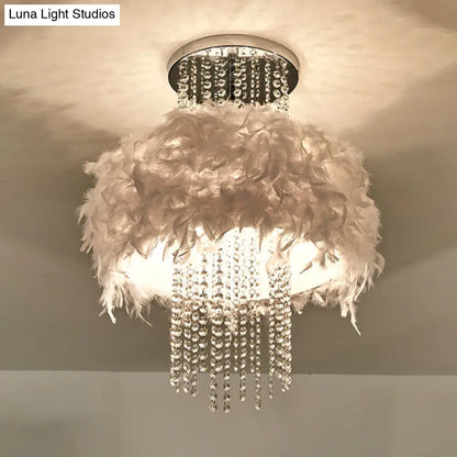 DecorBites™ DecorBites™ Modern Feather Drum Semi Flush Chandelier with Crystal Chain and 4 Bulbs for Bedroom Ceiling in Chrome