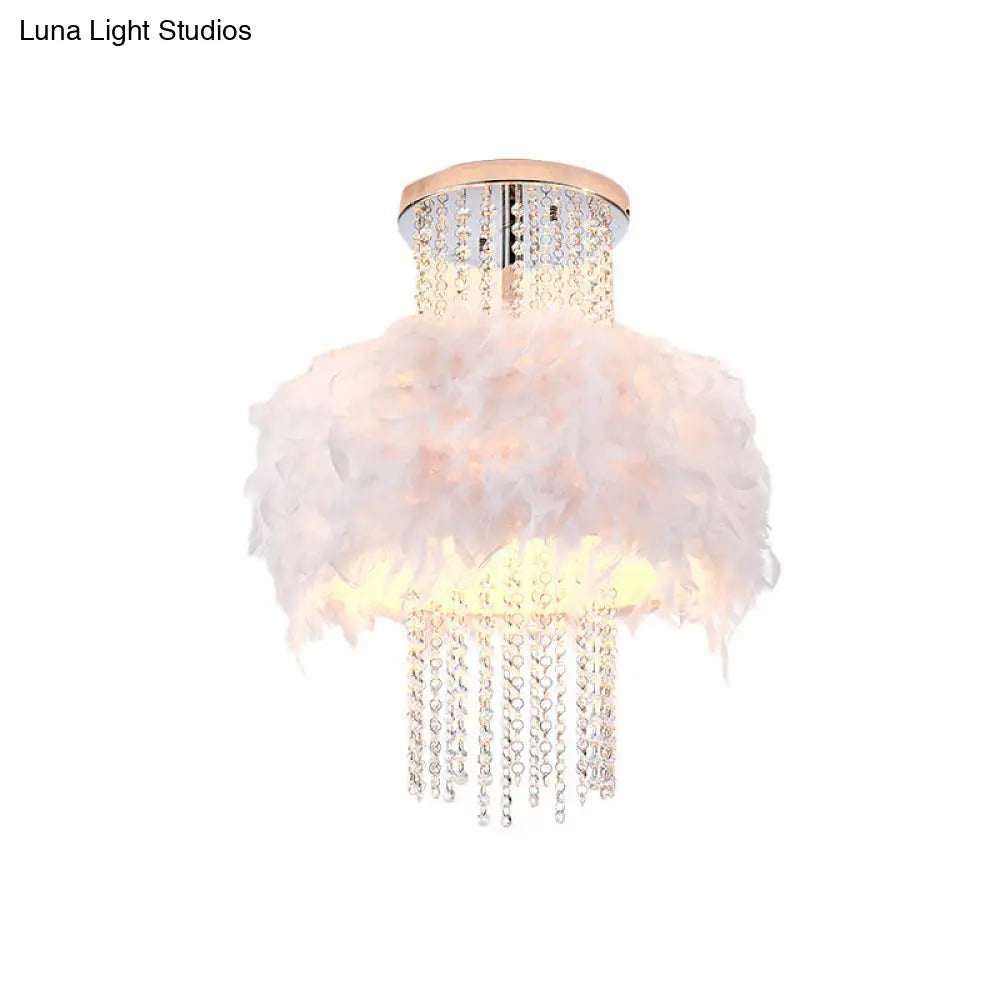 DecorBites™ DecorBites™ Modern Feather Drum Semi Flush Chandelier with Crystal Chain and 4 Bulbs for Bedroom Ceiling in Chrome