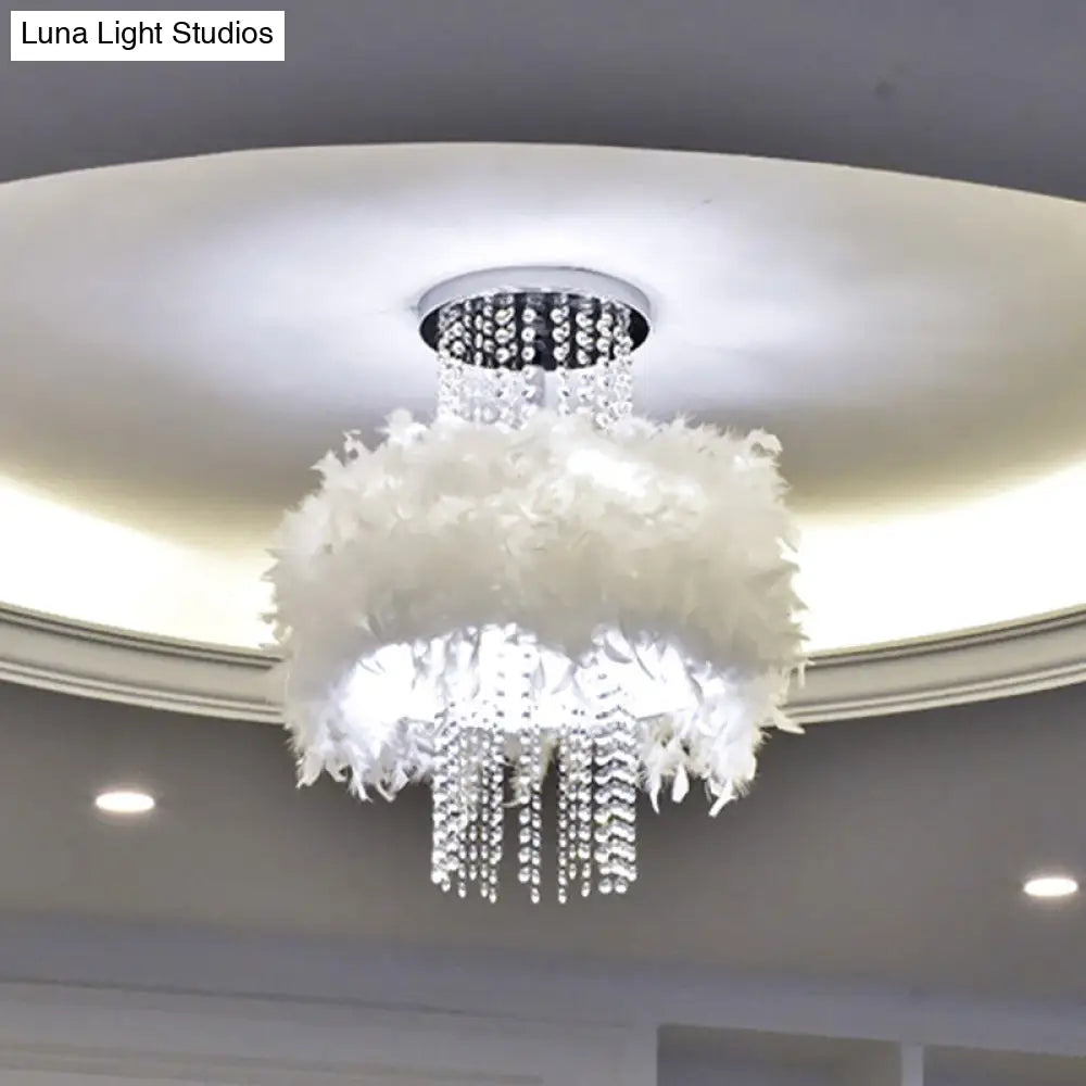 DecorBites™ DecorBites™ Modern Feather Drum Semi Flush Chandelier with Crystal Chain and 4 Bulbs for Bedroom Ceiling in Chrome