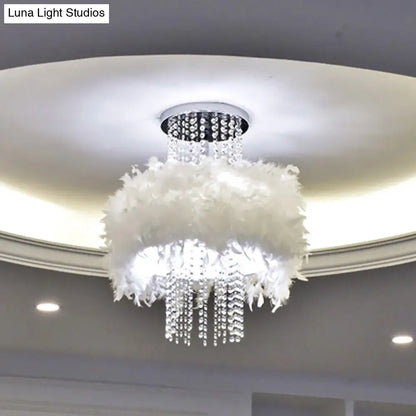 DecorBites™ DecorBites™ Modern Feather Drum Semi Flush Chandelier with Crystal Chain and 4 Bulbs for Bedroom Ceiling in Chrome