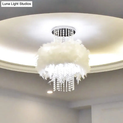 DecorBites™ DecorBites™ Modern Feather Drum Semi Flush Chandelier with Crystal Chain and 4 Bulbs for Bedroom Ceiling in Chrome
