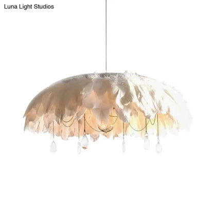 Modern Feather Hanging Lamp: White Fabric Pendant with Crystal Drop