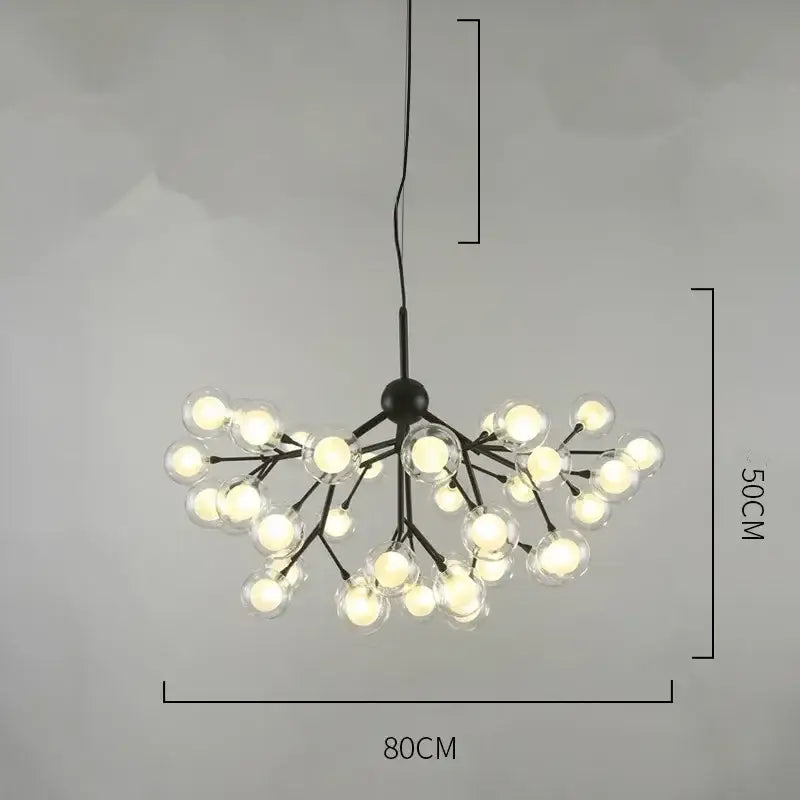 Modern firefly glass round ball chandelier with black metal frame and clear globe bulbs for dining room lighting decorbites heracleum firefly