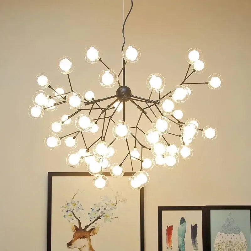 Modern black metal decorbites heracleum firefly glass round ball chandelier with clear globe bulbs for dining room lighting