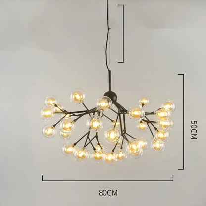 Black metal modern firefly glass round ball chandelier with clear globes in a branching design for dining room lighting