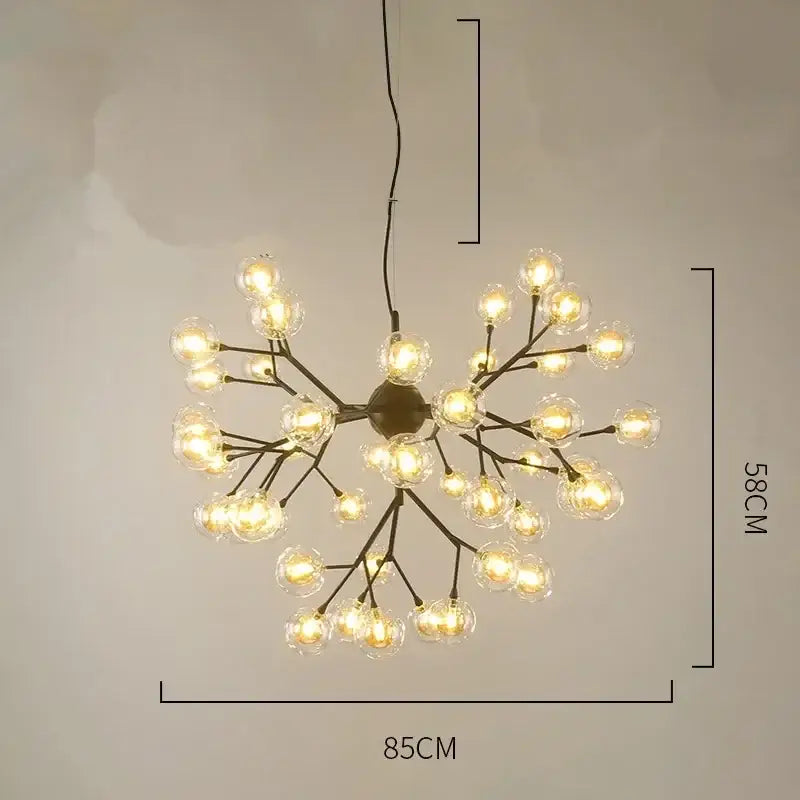 A modern black metal decorbites heracleum firefly chandelier with clear firefly glass round bulbs for dining room lighting