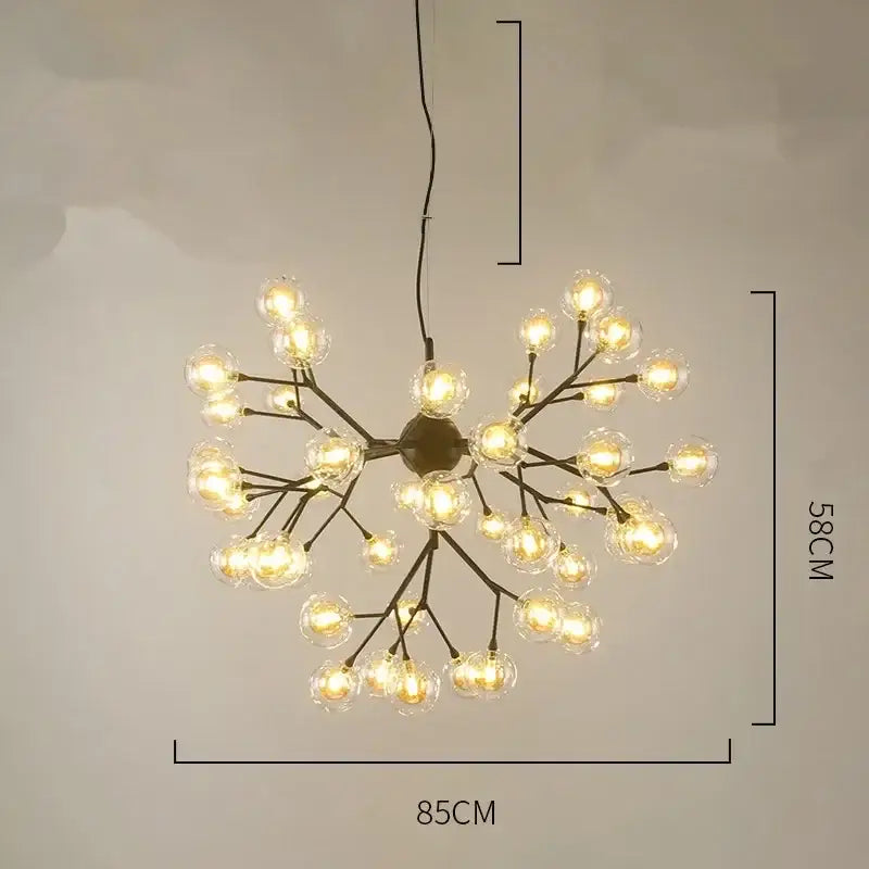 A modern black metal decorbites heracleum firefly chandelier with clear firefly glass round bulbs for dining room lighting
