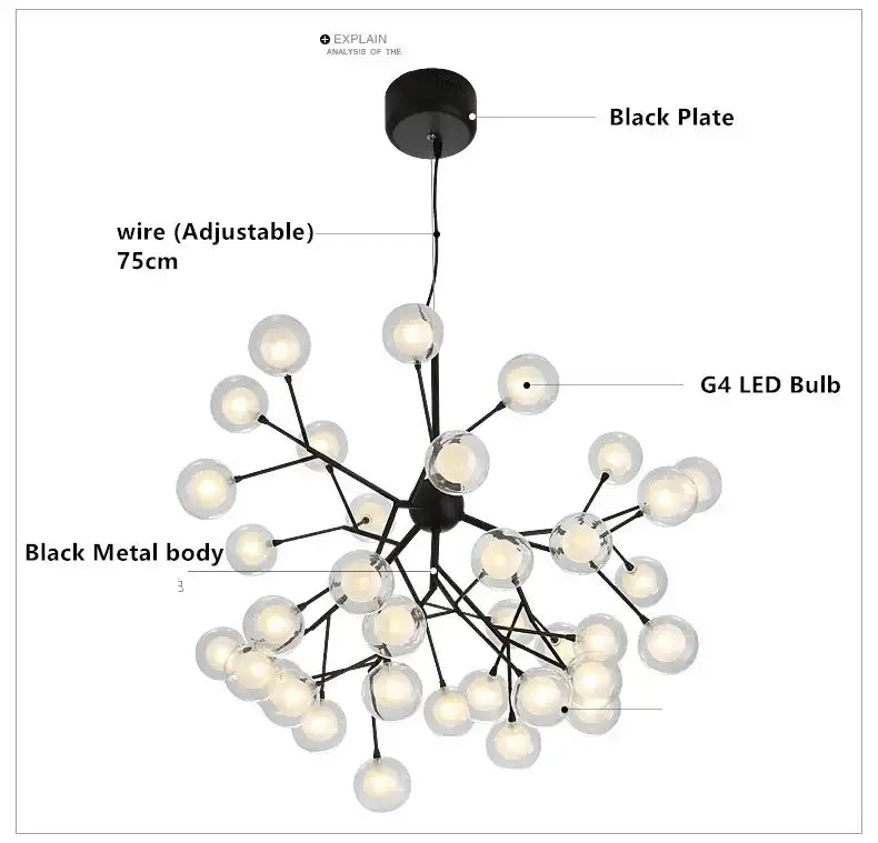 Black metal firefly glass round chandelier with multiple clear globe bulbs and adjustable 75cm wire for dining room lighting