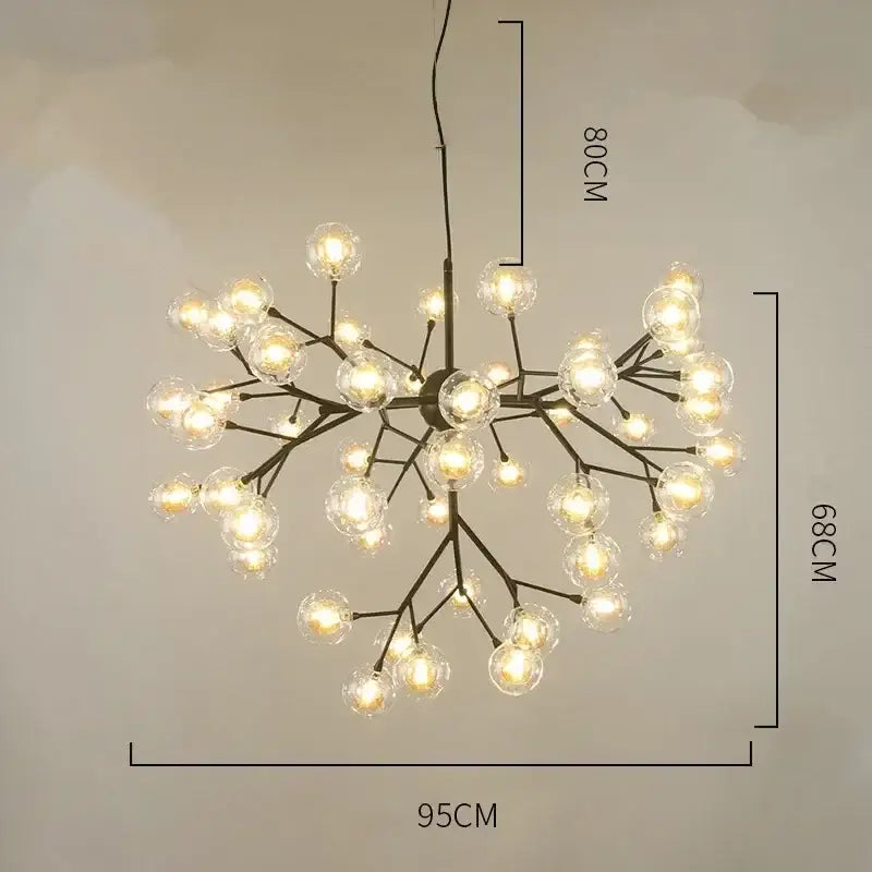 A modern black metal firefly glass round chandelier with clear glass globes in a branching heracleum firefly design for dining room lighting