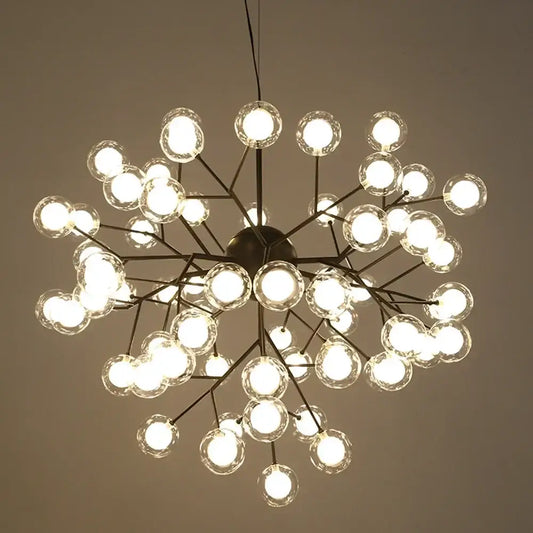 Modern firefly glass round chandelier with dark metal frame and clear glass globe bulbs for dining room lighting decorbites heracleum firefly