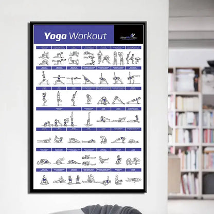 Black-framed yoga workout canvas poster wall art with purple headers featuring illustrated poses for home gym decorbites bodybuilding workout