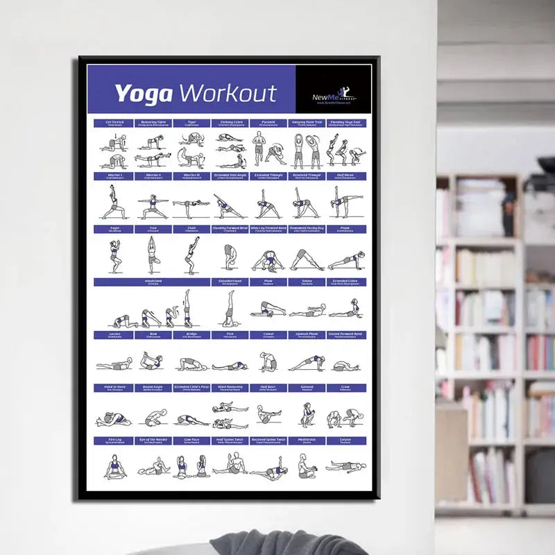 Black-framed yoga workout canvas poster wall art with purple headers featuring illustrated poses for home gym decorbites bodybuilding workout