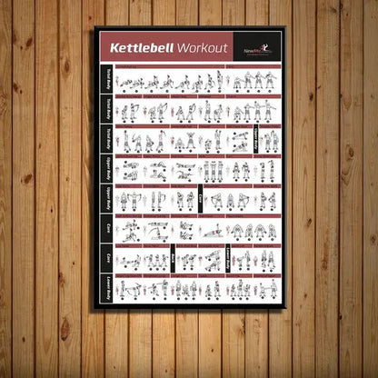 Black-framed kettlebell workout canvas poster wall art with maroon header and exercise illustrations for home gym decorbites bodybuilding workout