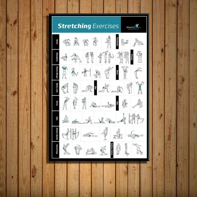 A framed modern fitness canvas poster wall art with teal and black stretching exercise diagrams for home gym decorbites bodybuilding workout