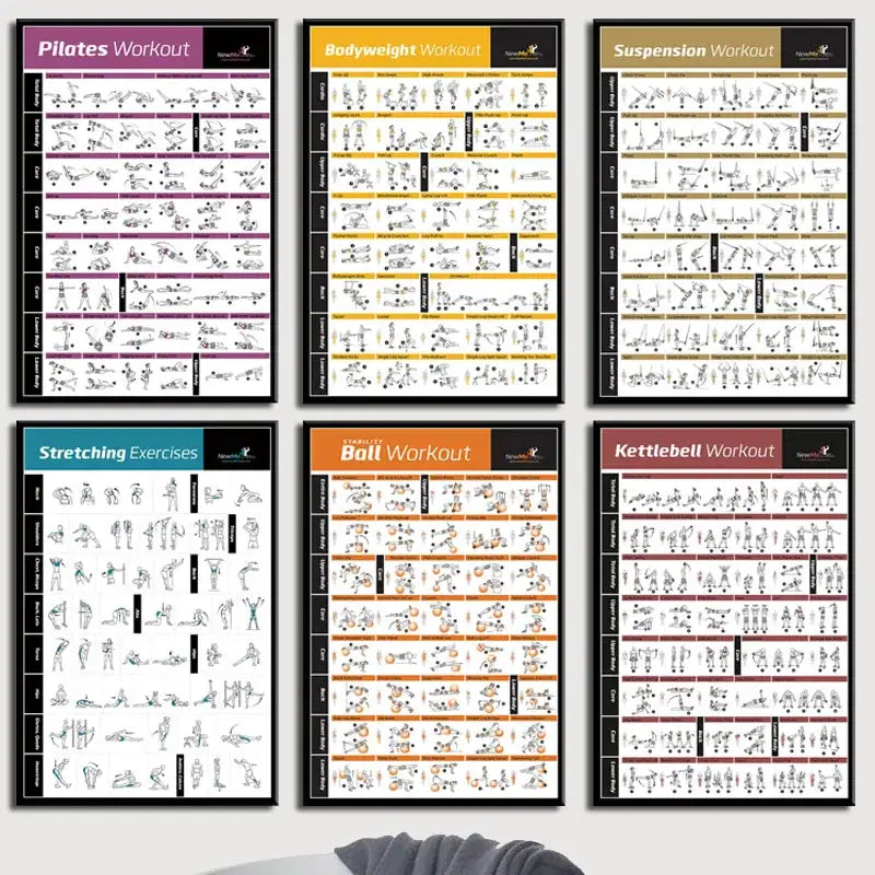 Set of six modern fitness canvas poster wall art featuring bold headers and black-and-white illustrations for home gym decorbites bodybuilding workout