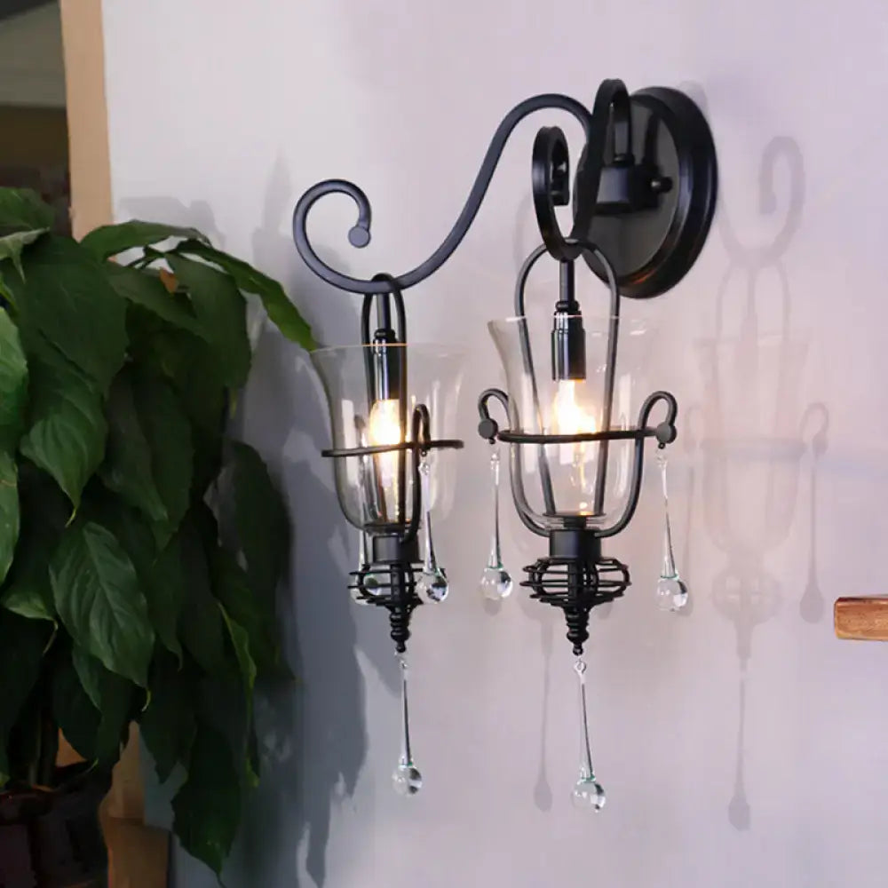 Modern flared black metal wall lamp with clear glass shades and dangling crystals suitable for 220v-240v 110v-120v use