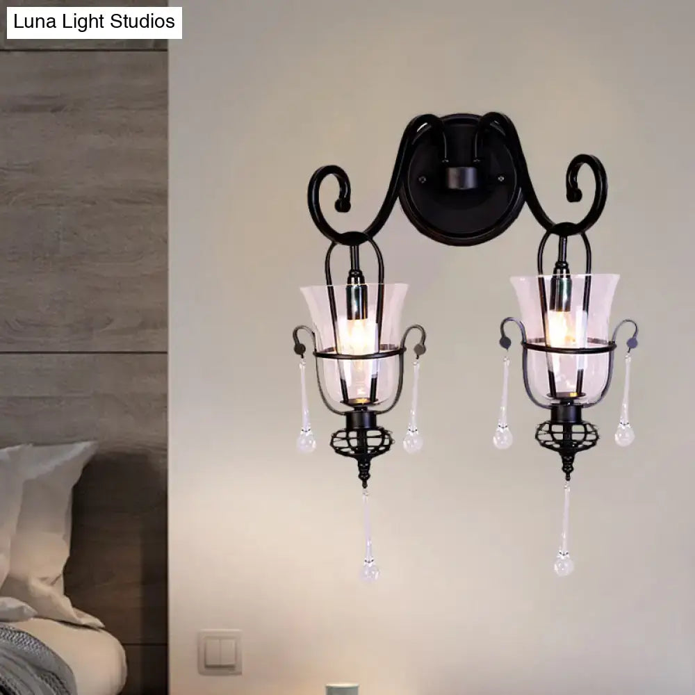 Black wrought iron wall lamp with metal flared design clear glass shades and dangling crystal droplets 220v-240v 110v-120v