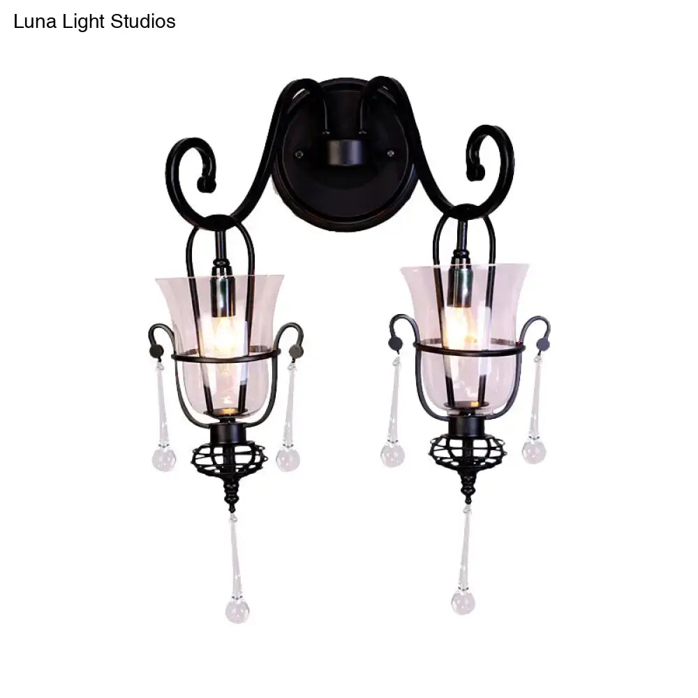 Modern flared black metal wall lamp with clear glass shades and crystal droplets 220v-240v 110v-120v bedroom sconce