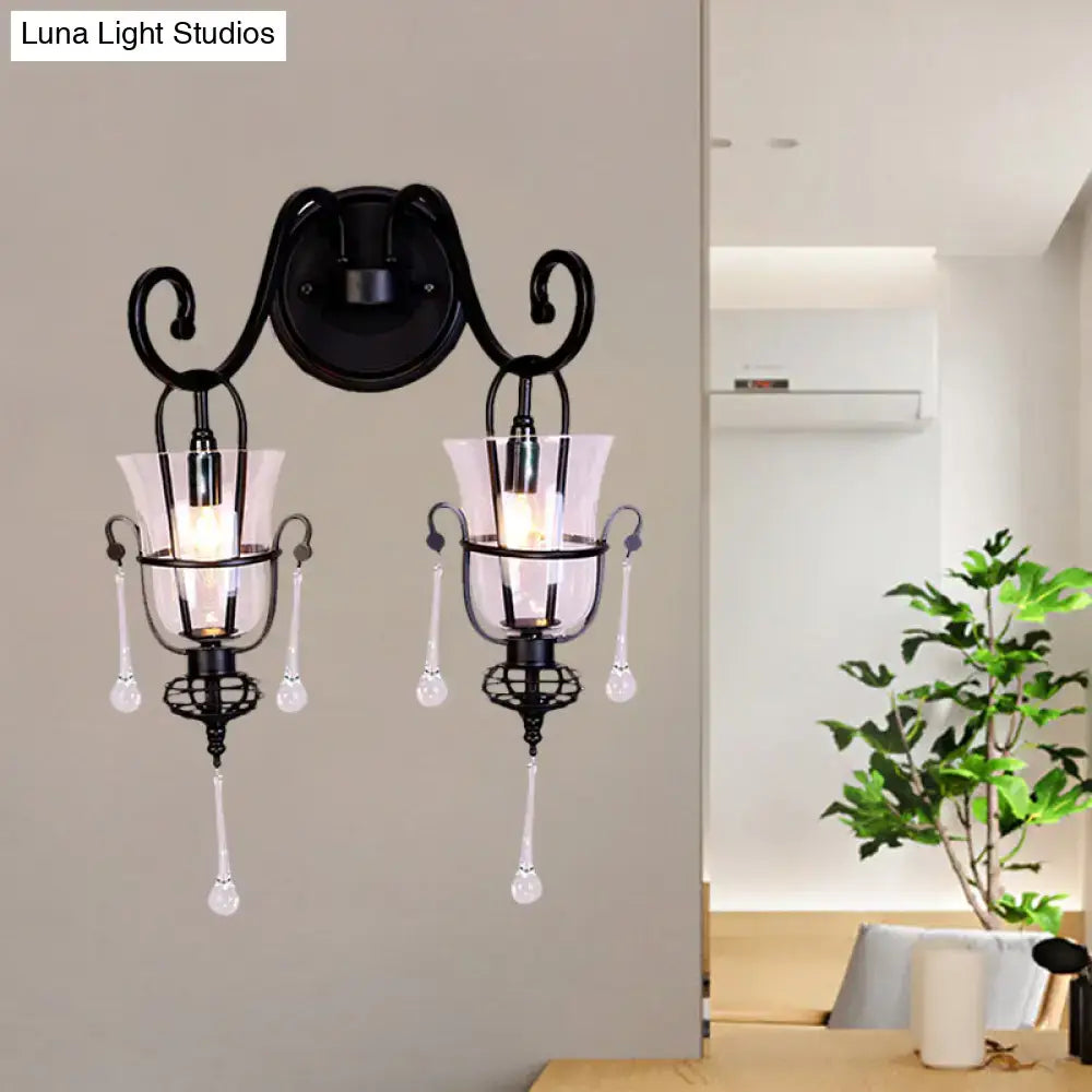 Black wrought iron wall lamp with two glass shades metal flared design and dangling crystal droplets 220v-240v 110v-120v