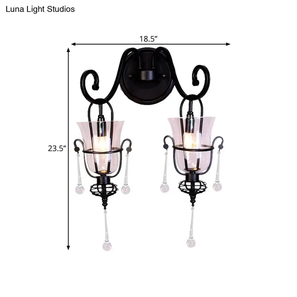 Modern flared black metal wall lamp with two pink tinted glass shades and crystals 220v-240v 110v-120v bedroom sconce