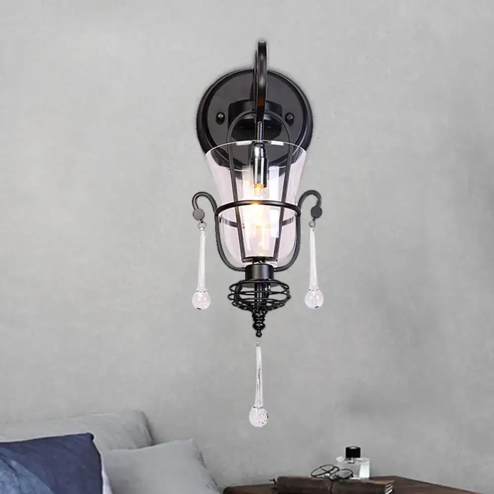 Modern flared black metal wall lamp with clear glass accents and dangling crystals suitable for 220v-240v 110v-120v use
