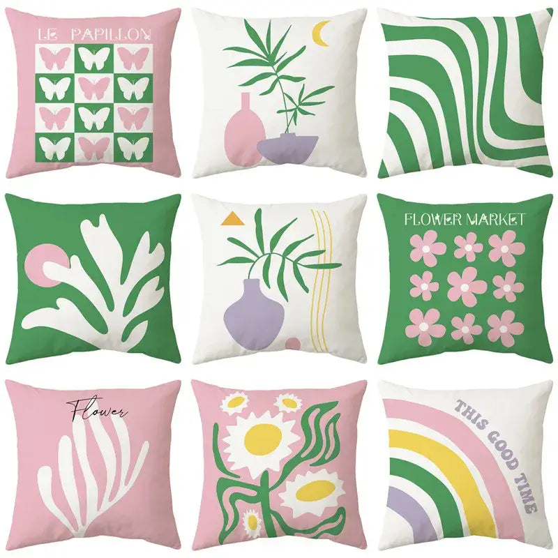 A collection of nine decorbites butterfly pillowcase throw pillows with pastel floral and botanical designs for living room decor
