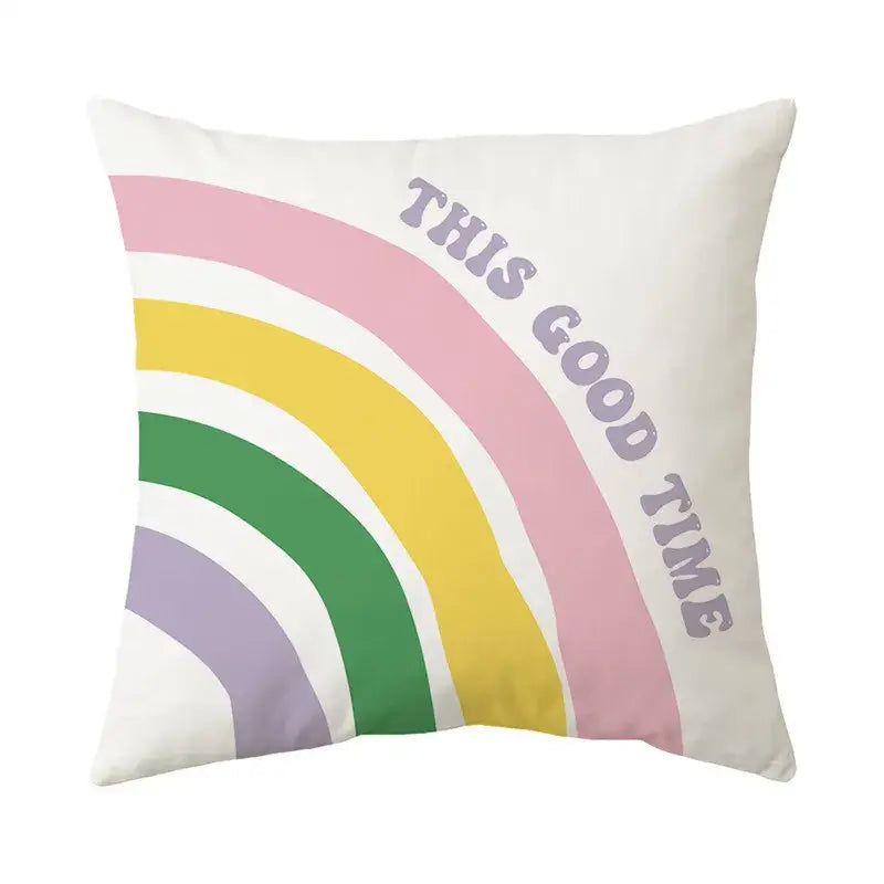 A cream-colored decorbites butterfly pillowcase with pastel rainbow and this good time text for living room decor