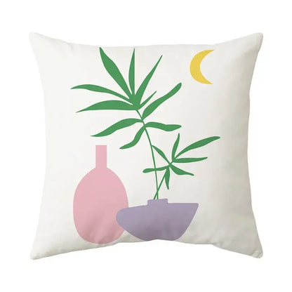 White decorbites butterfly pillowcase with minimalist green bamboo, pink vase, and purple bowl floral decor design