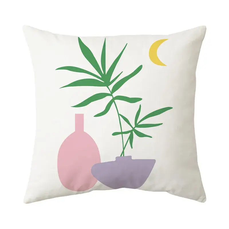 White decorbites butterfly pillowcase with minimalist green bamboo, pink vase, and purple bowl floral decor design