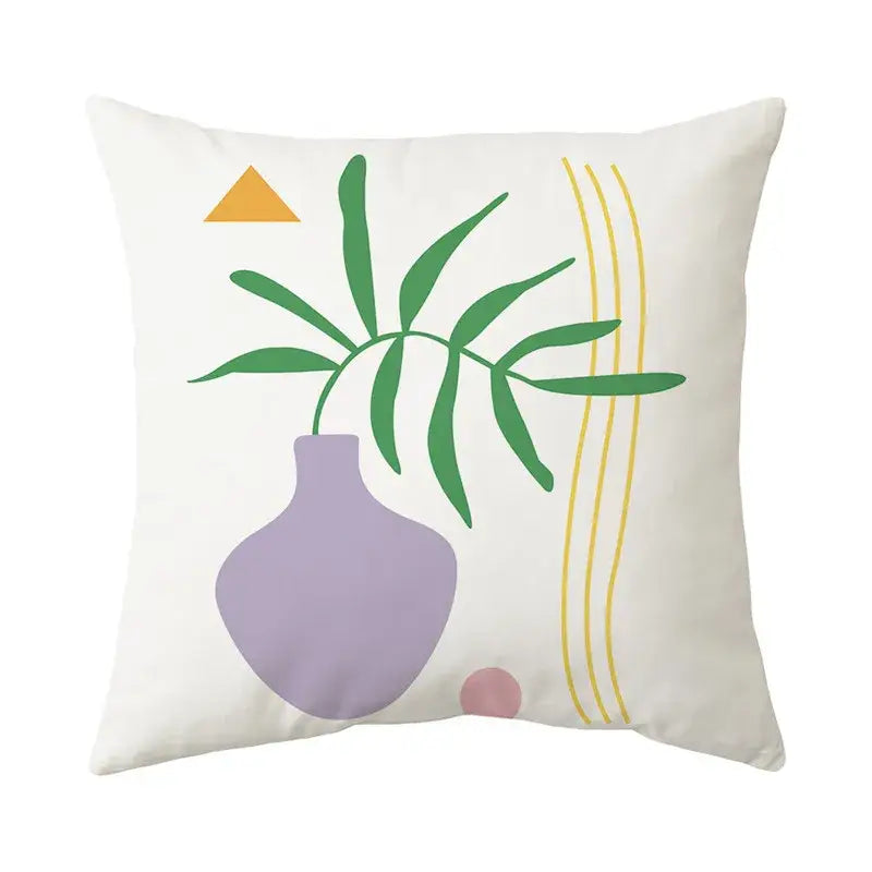 White decorbites butterfly pillowcase with minimalist lavender vase graphic and yellow geometric accents for living room decor