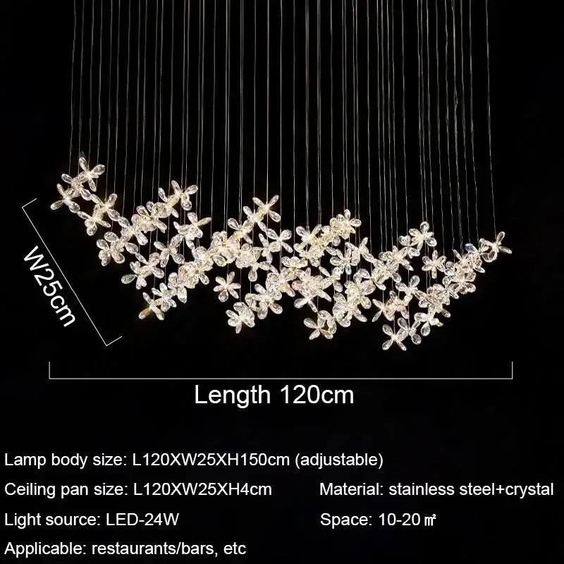 A modern 120cm decorbites crystal led chandelier with stainless steel wires and crystal flower clusters for dining room